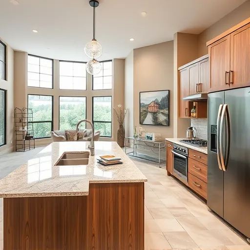 Renovated North Richland Hills kitchen with granite countertops stainless steel appliances central island subway tile backsplash warm taupe tones and natural light