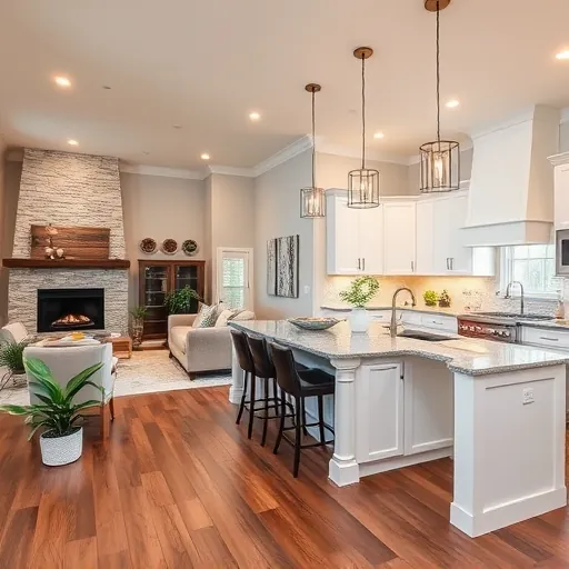 Modern Southlake TX kitchen with white cabinetry, gray quartz counters, and cozy living area featuring a stone fireplace.