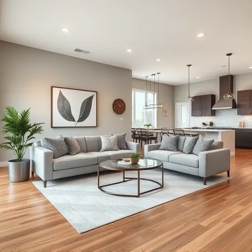 Modern living room remodel in Everman, TX featuring soft grays, warm woods, contemporary furnishings, and natural light.