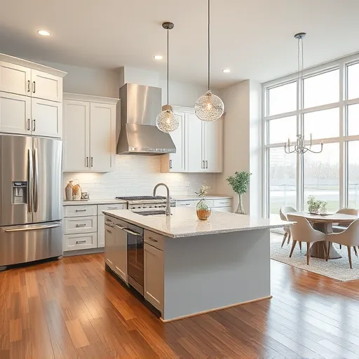 Recently remodeled sleek Saginaw kitchen with modern cabinetry stainless appliances granite island hardwood floors natural light