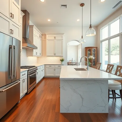 Modern kitchen remodel in Trophy Club TX with sleek cabinetry, quartz island, elegant lighting, and open layout.