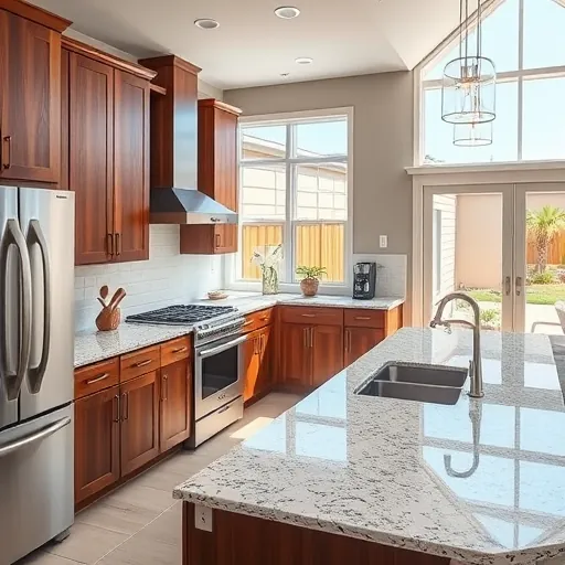 Recently renovated Crowley TX kitchen featuring modern matte cabinets, quartz countertops, spacious island, and hardwood flooring