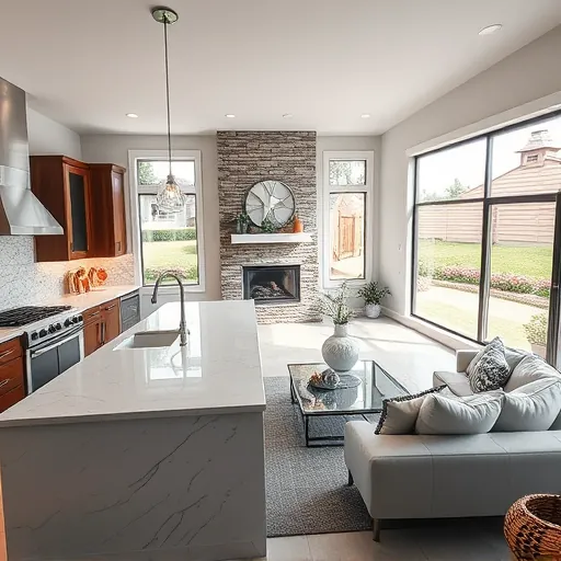 Modern remodeled kitchen with quartz countertops, stainless steel appliances, and a cozy living room with a fireplace.
