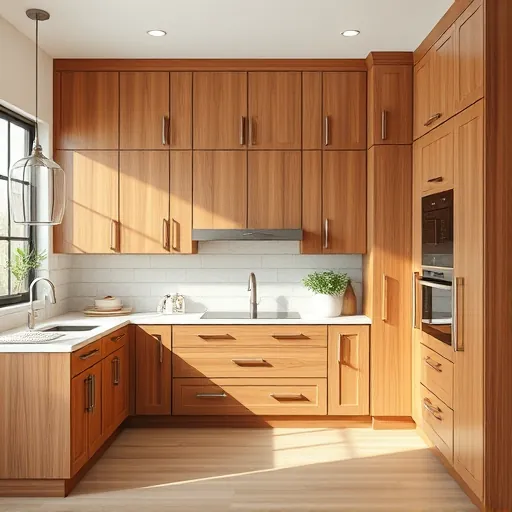 Detailed view of custom wood kitchen cabinets with sleek hardware in a modern spacious kitchen featuring elegant countertops and backsplash