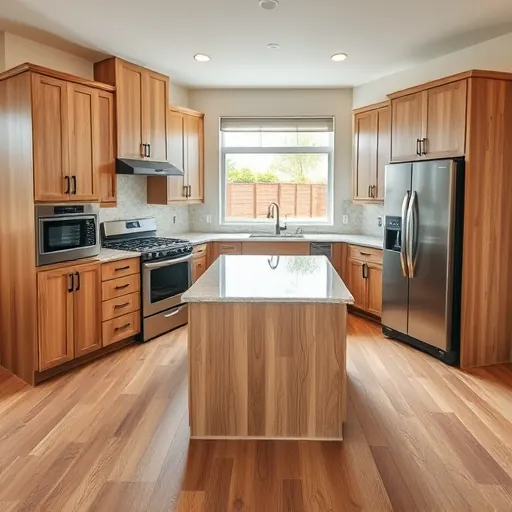 Remodeled Mansfield TX kitchen with wooden cabinets, granite island, stainless steel appliances, hardwood floors, and backyard view