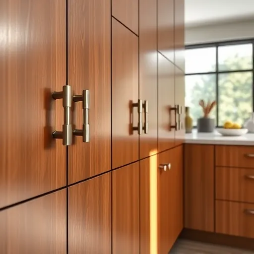 Freshly painted modern kitchen cabinet in Fort Worth with smooth surfaces, wood grain, natural light, and sleek appliances
