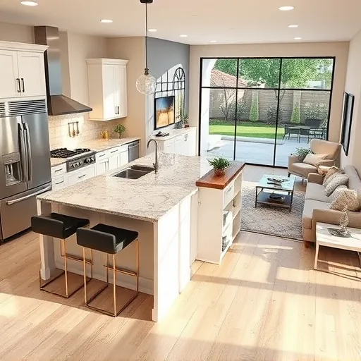 Modern kitchen remodel in Lake Worth TX featuring custom cabinetry, granite countertops, and bright open-concept living area.