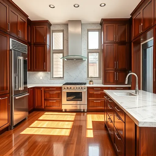 Custom dark hardwood kitchen cabinets with modern handles, marble countertops, stainless steel appliances, and bright natural lighting in Fort Worth TX