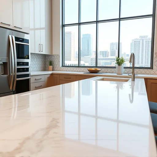 Freshly completed Fort Worth kitchen peninsula with polished granite countertops sleek cabinets stainless steel appliances and natural light