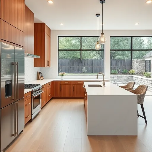 Renovated Highland Village TX kitchen with warm wood cabinets stainless steel appliances white quartz countertops geometric backsplash large island hardwood floors natural light lush backyard