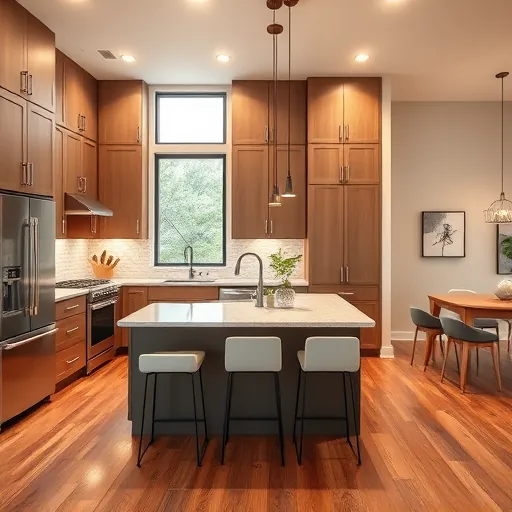 Modern Forest Hill kitchen remodel with matte cabinets, stainless steel appliances, quartz countertops, hardwood floors, and natural light