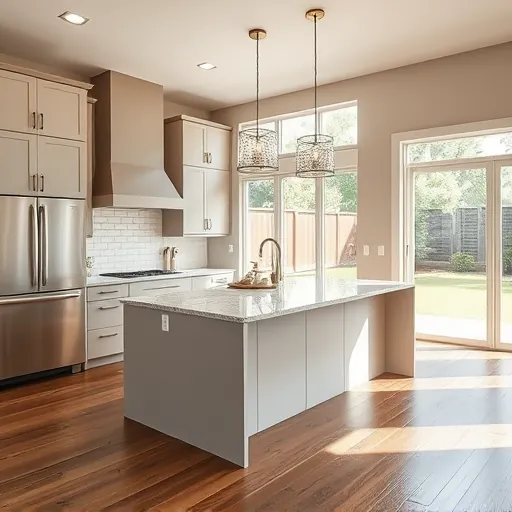 Recently renovated modern kitchen in Corinth TX with neutral cabinetry granite island stainless steel appliances subway tile backsplash hardwood floors and backyard view