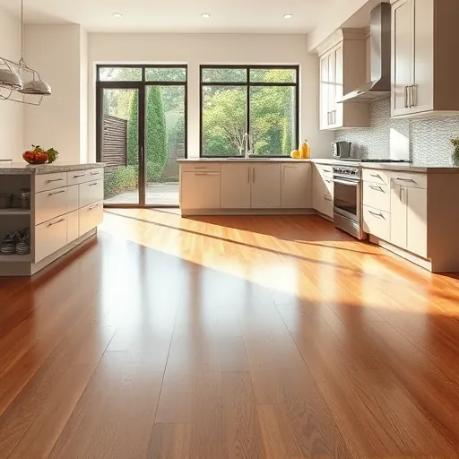 Freshly installed polished hardwood kitchen flooring in Fort Worth TX with natural light, sleek surfaces, and elegant modern decor
