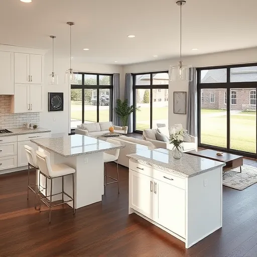 Modern kitchen remodeling in Blue Mound TX with sleek white cabinets, granite countertops, and inviting living space.