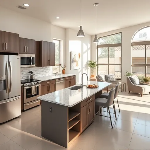 Modern kitchen remodel in White Settlement TX with sleek cabinetry, stainless steel appliances, and spacious granite island.