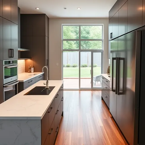 Modern renovated Corinth Texas kitchen with black handles quartz countertops walnut breakfast bar stainless steel appliances hardwood floors and scenic backyard view