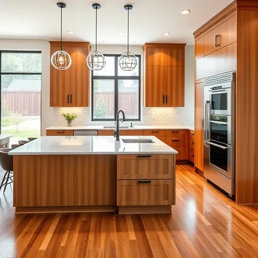 Renovated Highland Village Texas high-end kitchen with warm wood cabinetry, quartz countertops, stainless appliances, and lush backyard view
