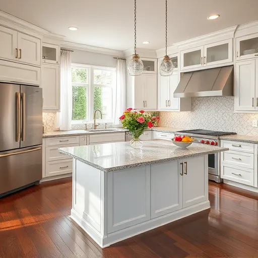 Modern kitchen remodel in Azle, TX with sleek white cabinets, granite island, high-end appliances, and warm brass accents.