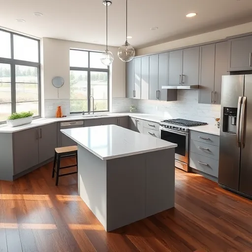 Modern renovated kitchen in Benbrook TX with sleek cabinets quartz countertops island pendant lighting stainless steel appliances wood flooring and natural light