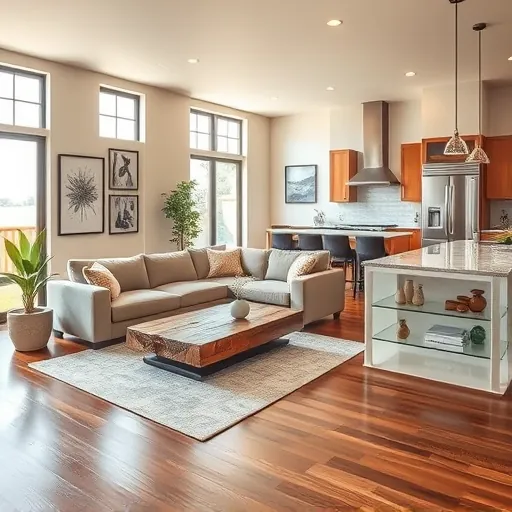 Modern living room remodel in Fort Worth TX features open floor plan, neutral decor, hardwood floors, and marble kitchen.