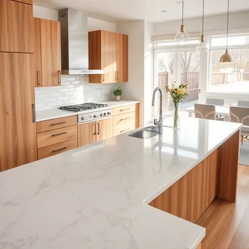 Modern fortified kitchen with sleek cabinetry, marble countertop, built-in appliances, neutral tones, and natural light.