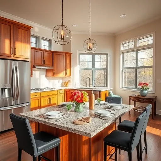 Modern Forest Hill kitchen with stainless steel appliances, custom wood cabinetry, granite countertops, and sunlit dining area.