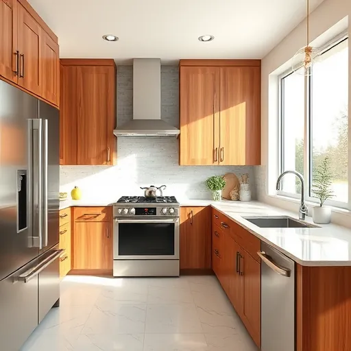 Meticulously finished modern kitchen in Fort Worth with matte cabinets, brass hardware, quartz countertops, hardwood floors and stainless steel appliances