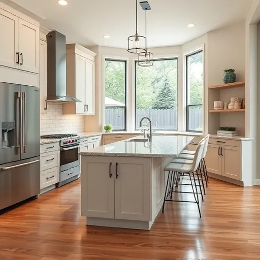 Modern renovated kitchen in North Richland Hills with neutral cabinets, black hardware, quartz island, stainless appliances, subway tile backsplash, hardwood floors, and large windows showing a lush backyard
