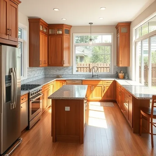 Renovated modern kitchen in Argyle Texas with wooden cabinetry stainless appliances granite island natural light hardwood floors outdoor view