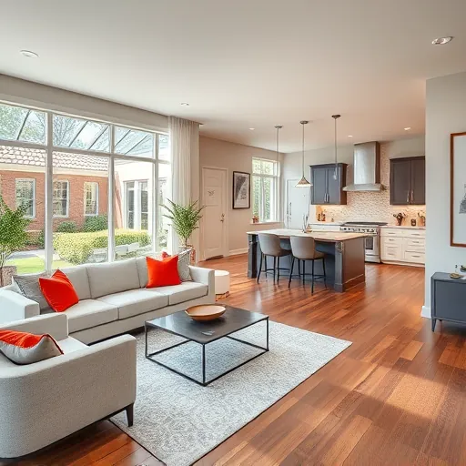 Modern open-concept living area in Highland Village TX with elegant furnishings, natural light, and stylish kitchen design.