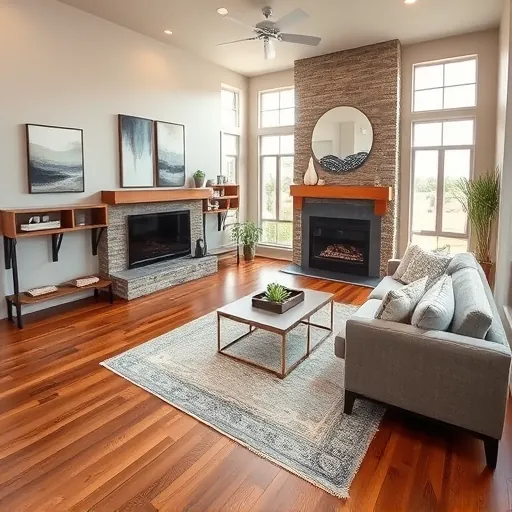 Contemporary living room in White Settlement TX with hardwood floors, custom fireplace, and natural light highlights.