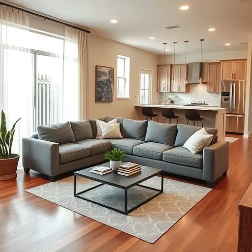 Renovated living room in Euless, TX features modern decor, sleek wooden floors, and energy-efficient windows.