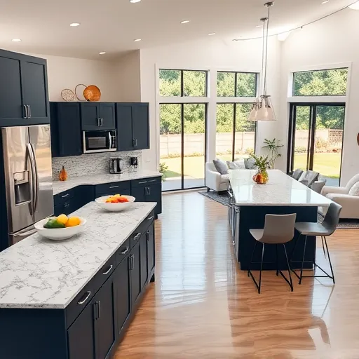 Modern kitchen remodel in Justin TX with stainless steel appliances, navy blue cabinetry, and elegant granite countertops.
