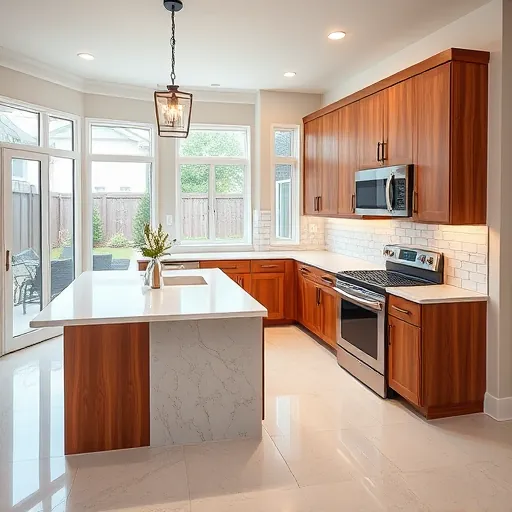 Recently remodeled modern kitchen in Haltom City TX with wood cabinetry black hardware quartz island subway backsplash stainless steel appliances bright natural light and landscaped backyard