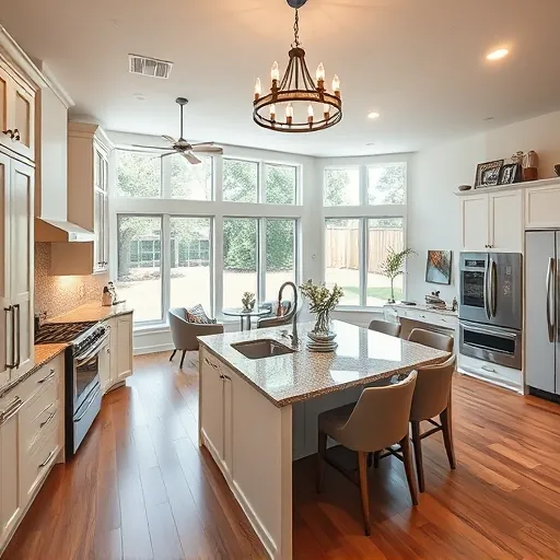 Modern kitchen remodel in Grand Prairie TX featuring sleek cabinets, granite countertops, spacious island, and natural lighting.