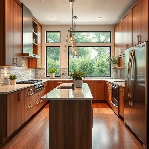 Bright modern kitchen in Burleson Texas with wood cabinets stainless steel appliances granite island and lush garden view