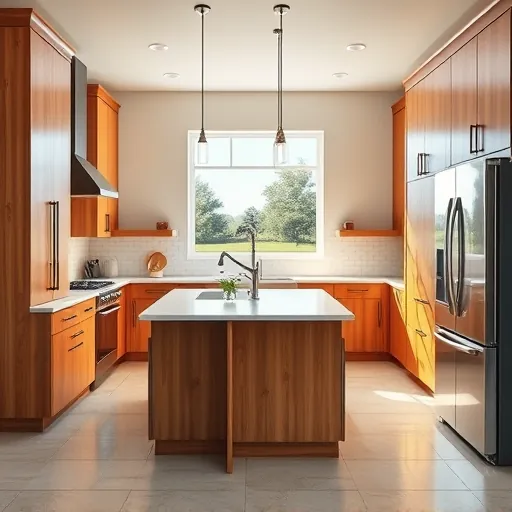 Renovated Azle TX kitchen featuring warm wood cabinets stainless steel appliances quartz countertops central island pendant lighting subway tile backsplash lush greenery view