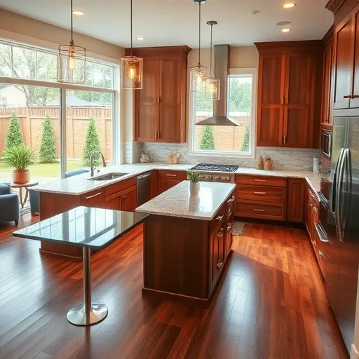 Modern kitchen in Richland Hills TX with granite countertops stainless steel appliances wooden cabinetry hardwood flooring and landscaped backyard