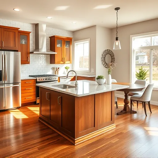 Modern kitchen in Burleson TX features granite island, wood cabinetry, stainless appliances, and rustic farmhouse sink.