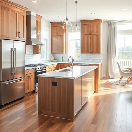 Modern Westworth Village kitchen with warm wood cabinets, stainless steel appliances, quartz counters, subway tile backsplash and natural light