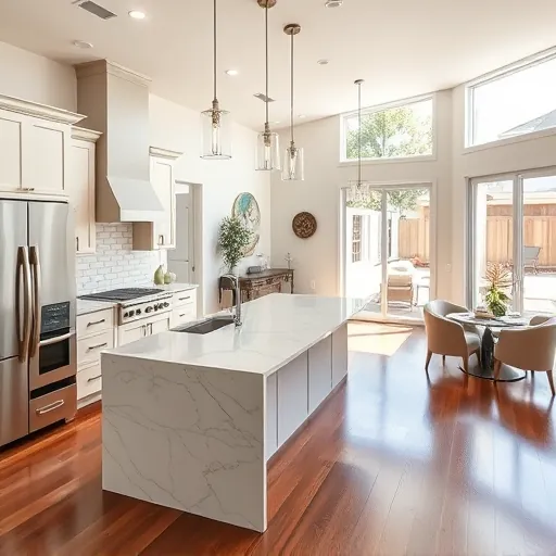 Luxurious River Oaks kitchen remodel with quartz countertops stainless steel appliances marble island glossy subway backsplash hardwood floors and modern decor