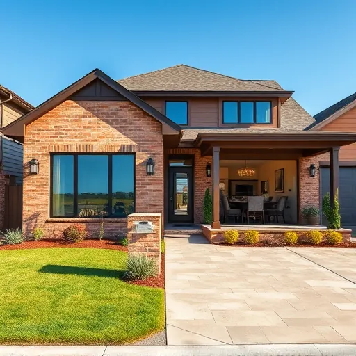 Modern family home remodeling in Saginaw, TX showcases brick and wood exterior, vibrant landscaping, and inviting porch.