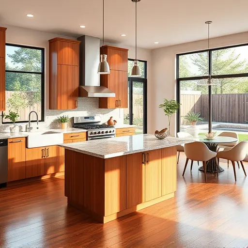 Beautiful renovated Bedford TX kitchen with modern wooden cabinetry, granite island, stainless steel appliances, and natural light