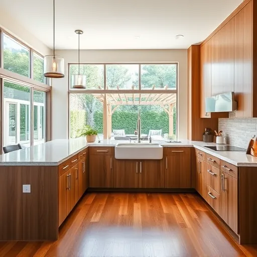 Recently remodeled River Oaks kitchen with sleek wood cabinets quartz island modern appliances hardwood flooring and lush backyard views