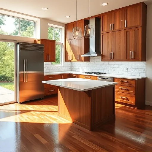 Modern kitchen remodel in Burleson TX featuring sleek wood cabinets, marble counters, and a stylish island with pendant lights.