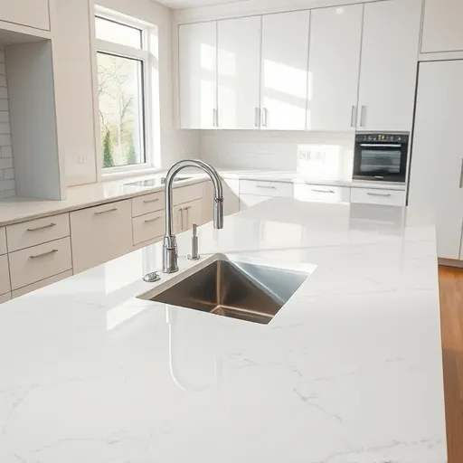 Freshly installed gray and white granite kitchen countertop with stainless steel sink, modern faucet, and bright, clean backdrop