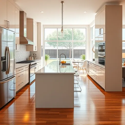Recently remodeled modern kitchen in Rendon TX with high-gloss cabinetry, stainless steel appliances, quartz island, polished hardwood floors, and lush backyard view
