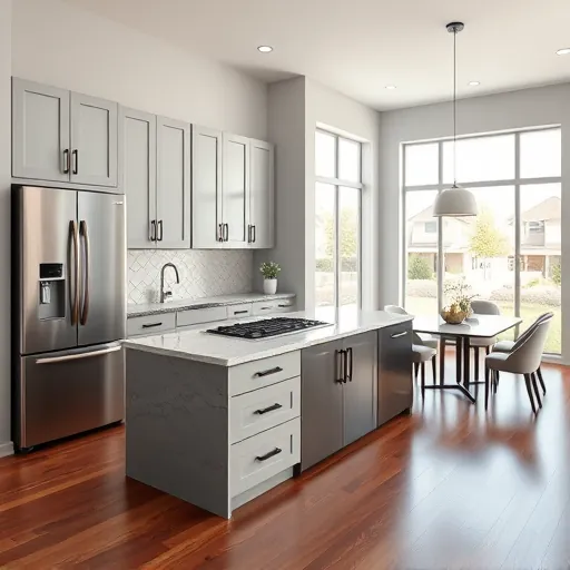 Remodeled Lake Worth TX modern kitchen with black cabinetry, granite island, stainless appliances, hardwood floors and natural light