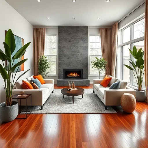 Renovated Northlake TX living room with sleek furniture, vibrant decor, natural light, and modern fireplace.