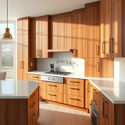 Custom modern kitchen cabinets with polished wood grain, elegant handles, soft-close drawers, and custom storage in a bright, stylish Fort Worth kitchen
